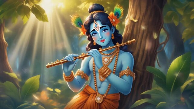 Illustration of Lord Krishna playing a flute in a serene forest with warm sunlight filtering through trees.