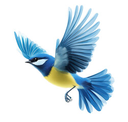 Obraz premium A blue and yellow bird with outstretched wings is soaring gracefully through the air. its colorful plumage against a clean white background. ideal for nature-themed projects