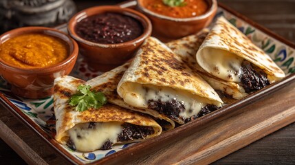 Mexican quesadillas oozing melted cheese and huitlacoche served with a trio of spicy salsas on a traditional Mexican platter
