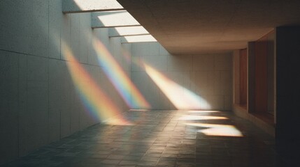 Empty room with a tiled floor and walls. the room has a high ceiling with a skylight above it, allowing natural light to enter the space.