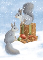 watercolor drawing squirrels and Christmas gift boxes in snow, hand drawn illustration