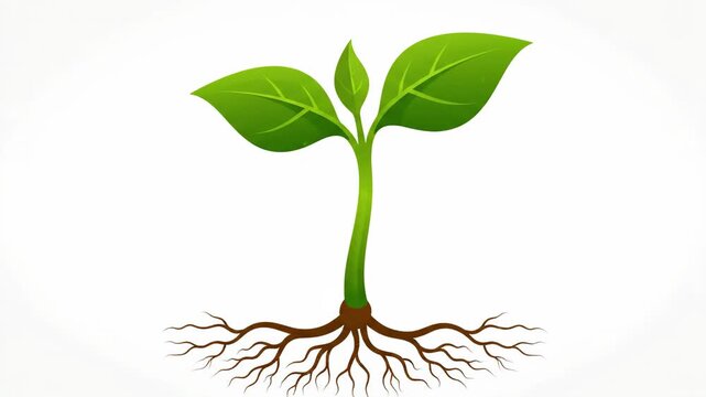 Sprout with vibrant green leaves and brown roots, illustrated on a clean white background, symbolic of growth, nature, and new beginnings.