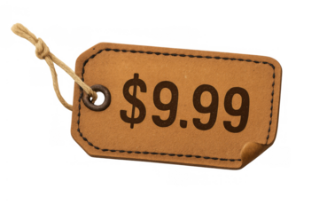 Price tag with dollar sign $9.99 for shopping, retail, sale, discount, and commerce on transparent background