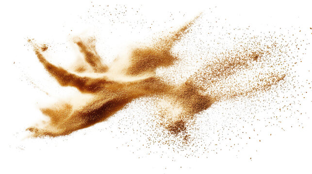 A dynamic splash of golden dust particles swirling through the air. creating an ethereal effect against a white background. perfect for artistic and creative uses