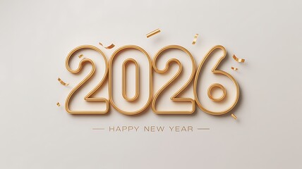 Elegant 2026 happy new year text with golden metallic outline numbers and festive confetti on a light background, symbolizing celebration and future goals.