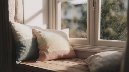 Fototapeta premium Window seat with two throw pillows on it. the window is open and the view outside is blurred, but it appears to be a garden or a park with trees and greenery.