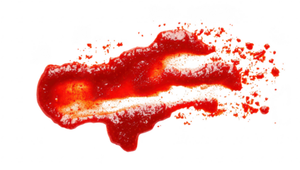 A vivid depiction of a fresh red ketchup spill on a white background. the texture and color contrast. ideal for food-related content or culinary presentations