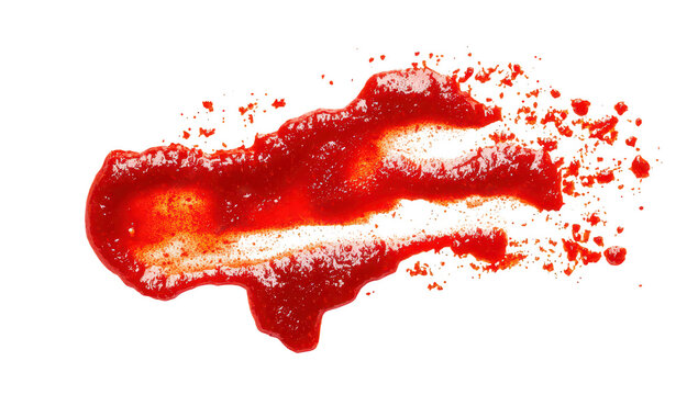 A vivid depiction of a fresh red ketchup spill on a white background. the texture and color contrast. ideal for food-related content or culinary presentations