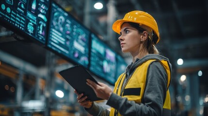 Young woman in yellow hard hat and safety vest oversees operations in factory while managing digital display in a busy industrial environment