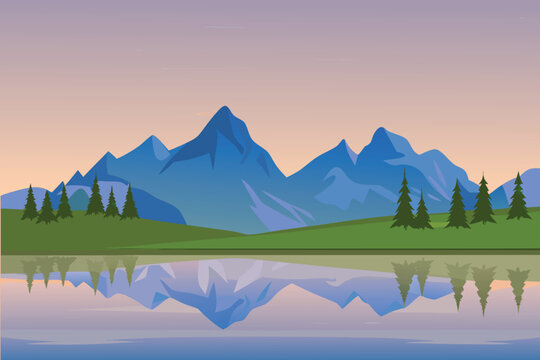 a scenic illustration of blue mountains and green fields with water reflection