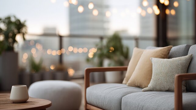Modern living room with a large window that offers a view of the city.