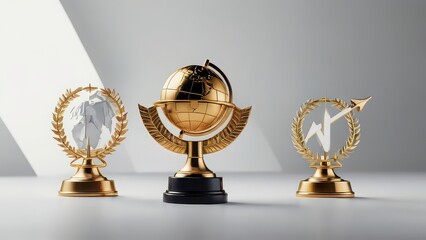Three golden and silver globe trophies displayed on a light surface