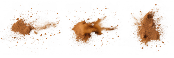 A dynamic composition of three distinct splashes of brown powder against a clean white background. the texture and movement. ideal for culinary or artistic presentations