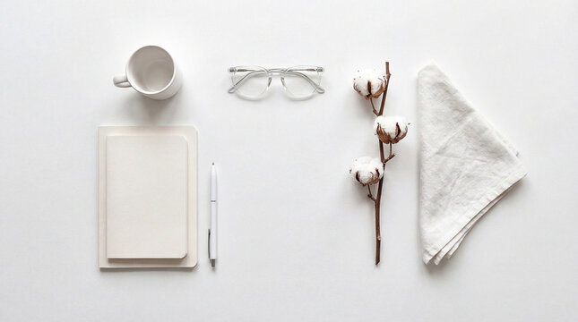 Cloud dancer workspace with cotton, mug, glasses, and notebook