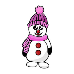 Vector color illustration of a hand-drawn New Year s snowman in a hat and scarf on a white background