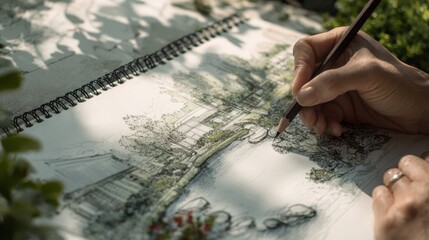 Landscape architect sketching plans for a tranquil garden setting with water features and lush greenery in a peaceful outdoor environment
