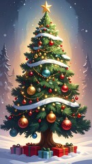 Decorated evergreen with gifts, snow and a golden star