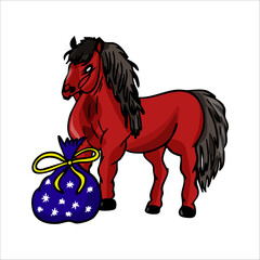 Vector illustration of a hand-drawn New Year s red horse with a bag of gifts