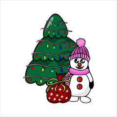 Vector hand-drawn illustration of a New Year s snowman standing next to a Christmas tree and with a bag of gifts