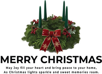 Christmas greeting logo vector with festive wreath, red bow with gold snowflakes, and four green candles