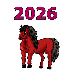 Vector illustration of a hand-drawn New Year's red horse with the inscription 2026, a symbol of the New Year