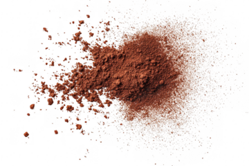 A pile of rich brown cocoa powder scattered artistically on a clean white surface. ideal for culinary use or baking. evoking a sense of indulgence and creativity in the kitchen