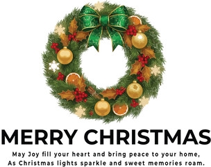Christmas greeting logo vector with festive wreath featuring gold ornaments, red berries, pinecones, and green bow