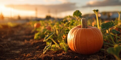 Golden orange pumpkin shines in sunlit field surrounded by green vines at sunset, creating a vibrant autumn scene full of warmth and natural beauty
