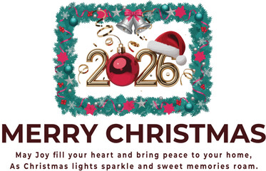 Christmas greeting logo vector with “2026” digits, red ornament zero, Santa hat six, silver bells, and holly border