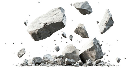 A dynamic explosion of rocks and stones captured mid-air. their rugged textures against a stark white background. ideal for illustrating concepts of destruction or natural forces