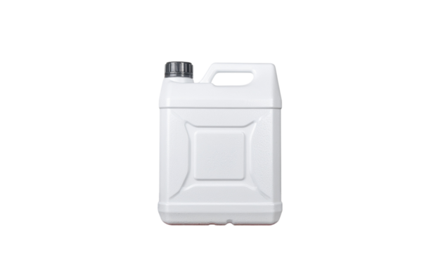 A white plastic jerrycan with a black cap and handle is displayed in a centered studio shot with even lighting pure white background cutout