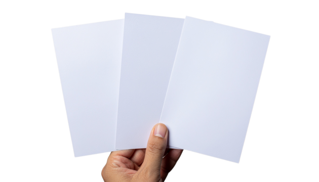 Hand holding three blank white rectangular cards or sheets of paper against a white background high-key lighting with cutout object