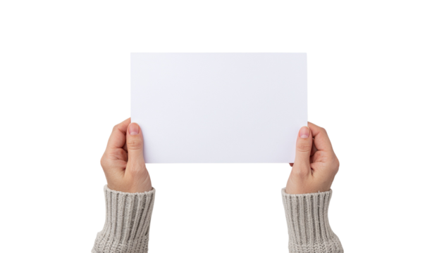 Hands in a sweater holding a blank white rectangular card against a white background for message or design placement product shot isolated