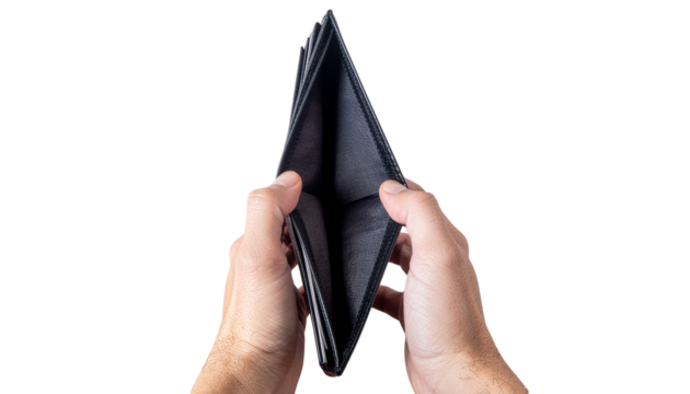 An empty black wallet is held open by two hands showing its interior with no money visible in the image solid white background and no background