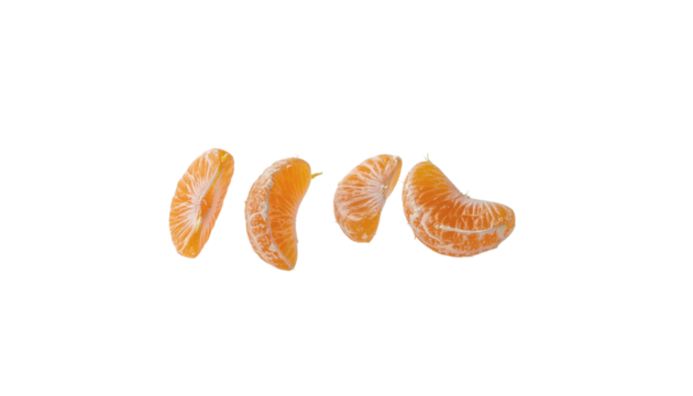 Four orange tangerine segments arranged in a row with visible texture and slight variations in shape and size plain white background and png