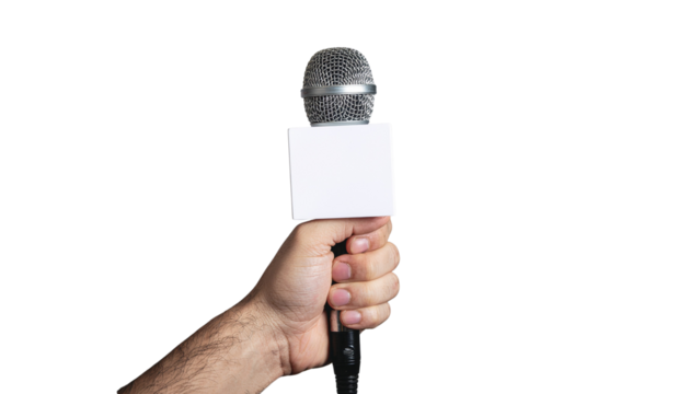 Hand holds a microphone with a square white label attached to it, ready for broadcast or interview purposes on white and transparent - Powered by Adobe