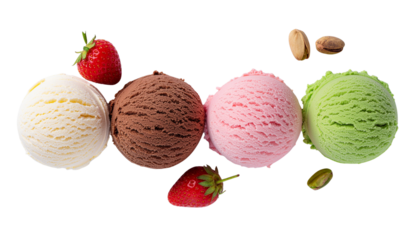 Four scoops of ice cream in vanilla chocolate strawberry and pistachio flavors with strawberries and nuts cutout on alpha channel