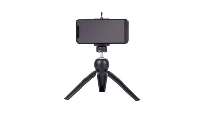 A smartphone is mounted on a small black tripod with a ball head in a centered studio shot for product photography white background cutout