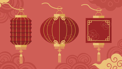 A set of three beautifully designed red Chinese New Year lanterns, featuring traditional cultural patterns and golden accents, hanging against a vibrant festive background for lunar celebrations