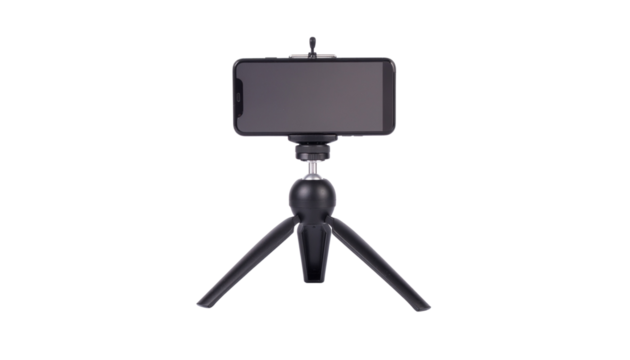 A smartphone is mounted on a small black tripod with a ball head in a centered studio shot for product photography white background cutout