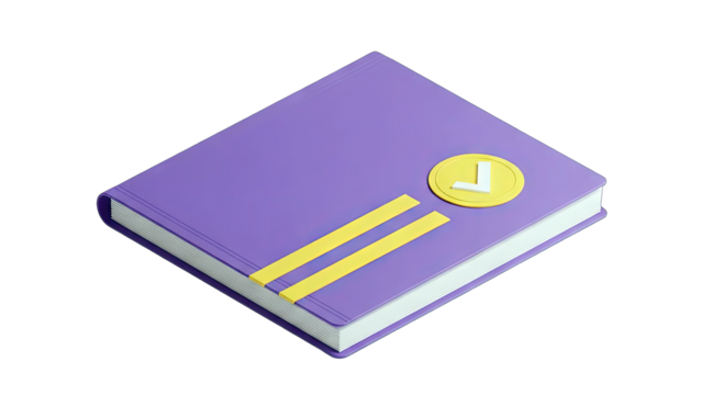 Purple Hardcover Book With Yellow Check Mark Emblem and Two Stripes On A Transparent Background With Subtle Textures And Clean Lines