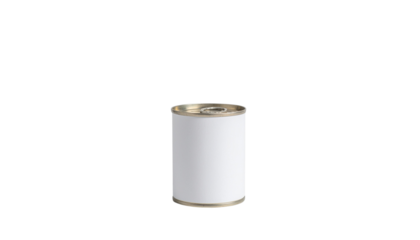 A cylindrical can with a white label and gold trim on a white background for product mockup or design purposes png with transparency