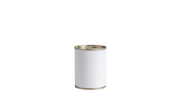 A cylindrical can with a white label and gold trim on a white background for product mockup or design purposes png with transparency