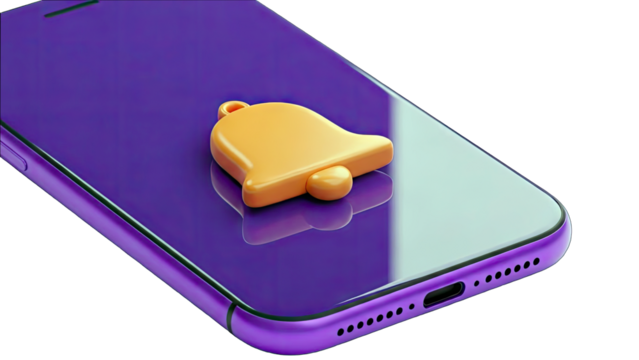 Purple Smartphone Displaying a Golden Bell Notification Icon Alert Concept Isolated on a White Background with Clean Studio Lighting