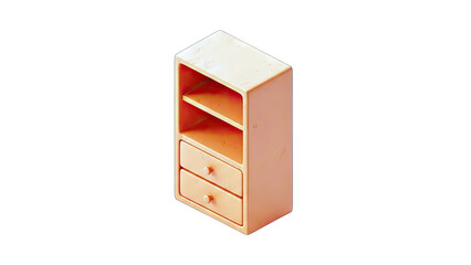 Light Peach Colored Isometric Wooden Cabinet With Two Drawers and Open Shelves Isolated On A Transparent Background With Subtle Texture And Soft Lighting