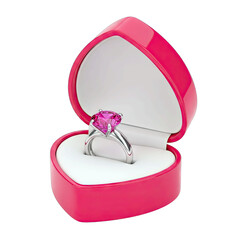Luxury Pink Gemstone Diamond Ring in Shiny Heart Shaped Open Box Displayed on a Clean White Background Studio Shot Romantic Proposal Jewelry Engagement Concept