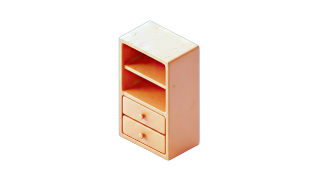 Light Peach Colored Isometric Wooden Cabinet With Two Drawers and Open Shelves Isolated On A Transparent Background With Subtle Texture And Soft Lighting