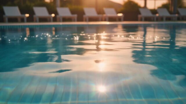 Golden hour sunlight reflecting on the shimmering water of a swimming pool with lounge chairs in the background.
