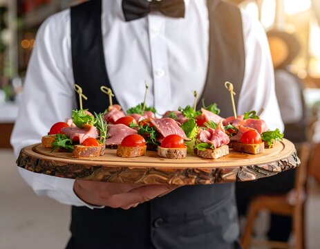 Formal server holding a wooden tray of appetizers at event