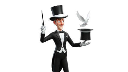 Male Magician in Tuxedo Performing a Magic Trick with a White Dove Appearing from a Black Top Hat and Holding a Wand Against a Transparent Background